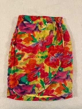 Henri Bendel Yellow Lined Floral Silk Skirt
